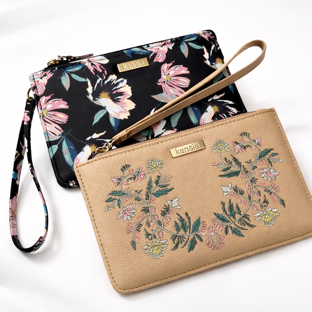 NWT Kensie Floral Wristlet Wallet Bundle Beige Embroidered + Navy Printed Zip